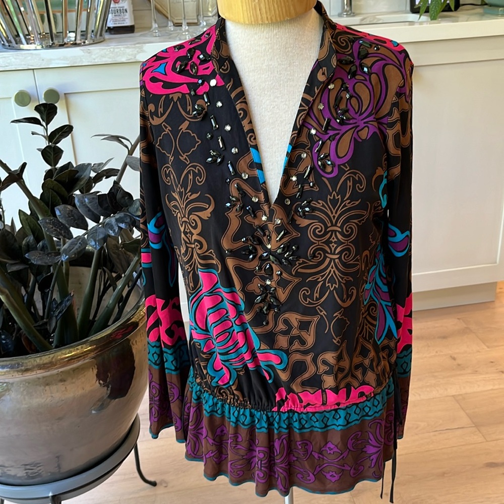 EUC Hale Bob 100% stretch knit silk beaded and rhinestone embellished blouse